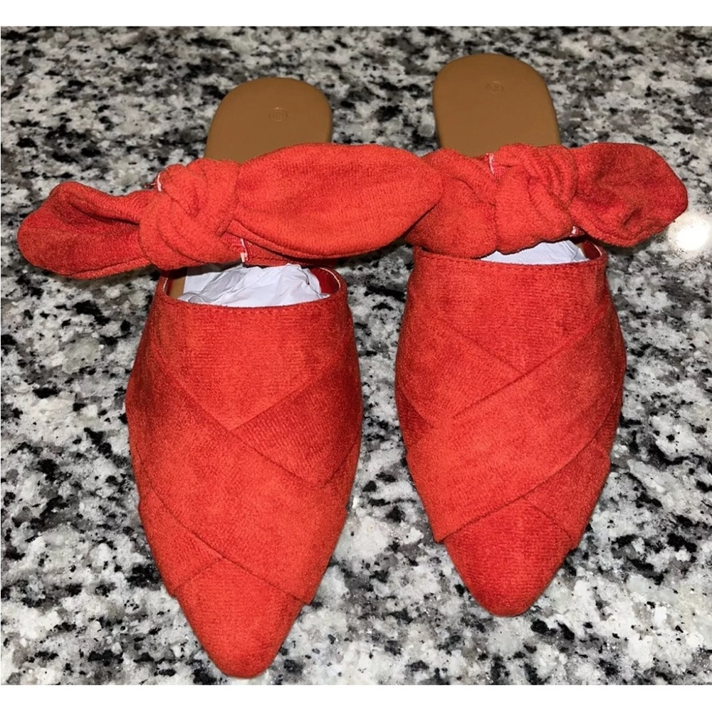 NEW Red Pointed Toe Flat Mules Bowknot Slip on Woven Crisscross Low Heel Sz 6.5 - Picture 6 of 10